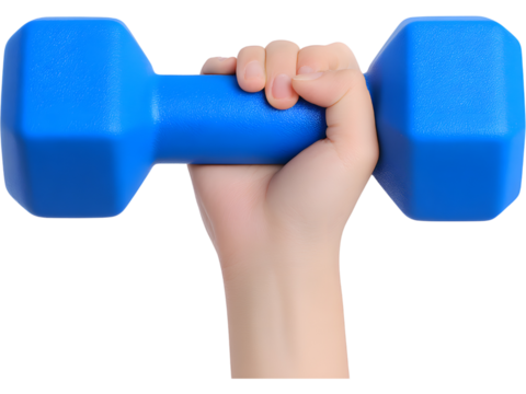 Hand holding blue dumbbell isolated on transparent background, symbolizing fitness and strength training.
