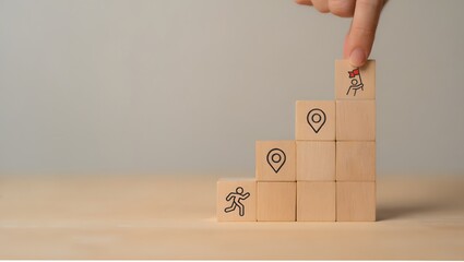 Career Path and Development Strategy Concept. Arranging wooden blocks with icons success roadmap and journey, symbolizing a structured career path and strategic development. Planning, growth, progress
