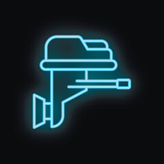 Bright blue neon sign depicting a boat motor against a dark background, perfect for themes of boating and marine equipment