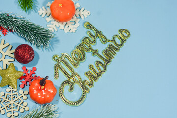 Elegant Christmas background with blue and gold decorations, including baubles, stars, and wrapped gifts. Perfect for festive holiday themes, greeting cards, and seasonal promotions