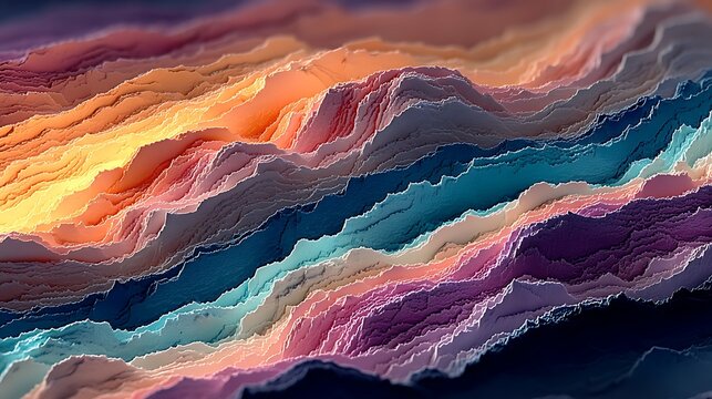 Colorful abstract landscape layers in orange, pink, blue, and purple paper effect art