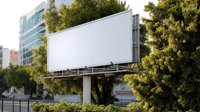 Empty billboard on clean white urban mockup setting with soft shadows, outdoor advertising concept, minimal style