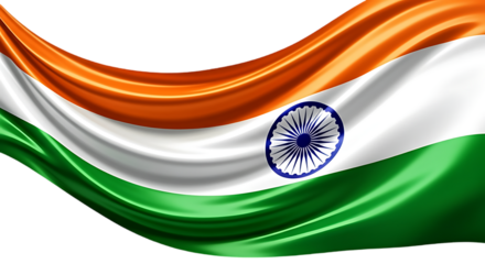 Waving indian national flag with ashoka chakra in the center isolated on transparent background