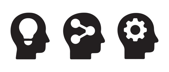 Human Head Icon Set. Light Bulb, Network, and Gear Symbols for Cognitive Design.