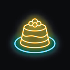 Glowing neon sign showing a delicious cake topped with three berries