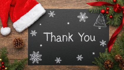 Chalkboard Adorned with Festive Red Hat and Holiday Ornaments Including Snowflakes, Trees, Baubles, Pinecones, and Stars. Gratitude Message in English. Rustic Wooden Surface