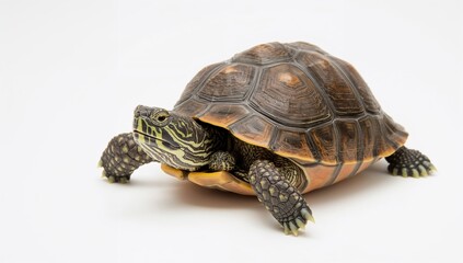 Naklejka premium Brazilian turtle with a cute expression and a baby turtle on a white background, focus on nurturing bond