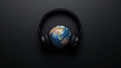 Overhead view of stereo headphones encircling a globe on a dark backdrop. Celebrating global music day.