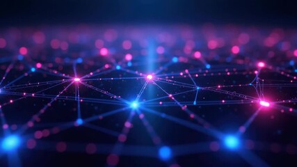An interconnected web of pulsating neon-blue and magenta data nodes, linked by glowing circuits. Each node flickers with energy as streams of digital information flow between them. 
