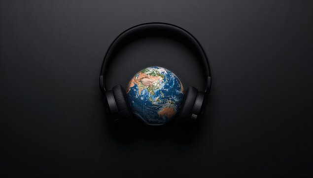 Overhead view of stereo headphones encircling a globe on a dark backdrop. Celebrating global music day.