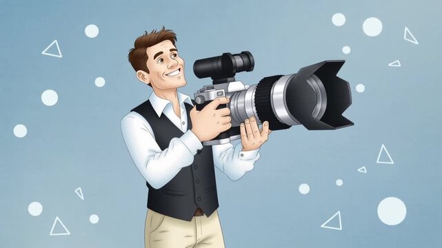 Happy male photographer holding giant camera, light blue background, cartoon vector style, humorous hobby illustration, copy space
