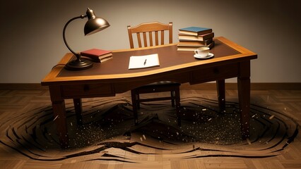 Surreal image of a desk, chair, books, and lamp, appearing to sink into a cracked floor