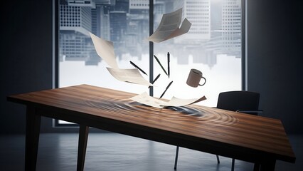 Surreal office scene with floating papers, pens, and a mug on a rippled table