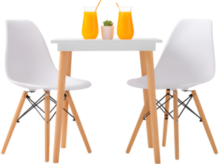 Modern wooden dining table with white chairs isolated on transparent background, symbolizing minimal home interior design.