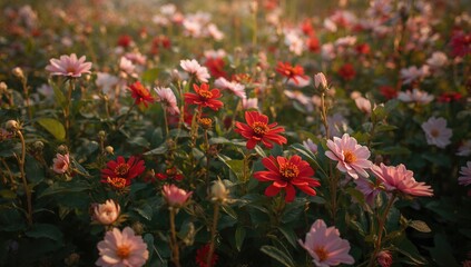 Fototapeta premium Scarlet blossoms against a floral backdrop