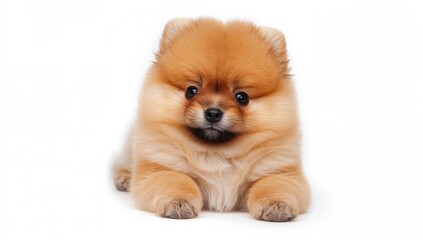 Obraz premium Adorable Pomeranian puppy against a white backdrop, playful demeanor