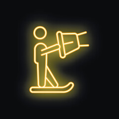 Yellow neon sign on a black background depicting a person snowboarding while holding a take away coffee cup