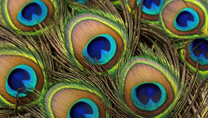 Fototapeta premium An eye-catching, up-close view of peacock feathers, showcasing their vibrant colors and intricate patterns. The image emphasizes the beauty and detail of the feather’s unique design.