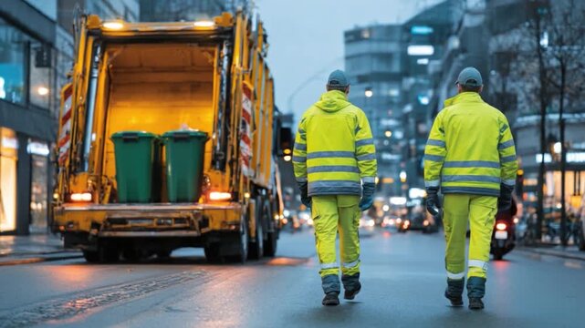City sanitation workers wearing high-visibility uniforms walk beside a garbage truck during twilight on an urban street with modern buildings