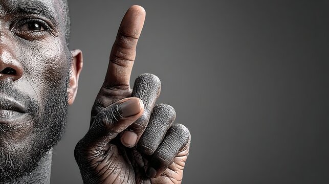 Conceptual Serious man points one finger upward against a gray backdrop