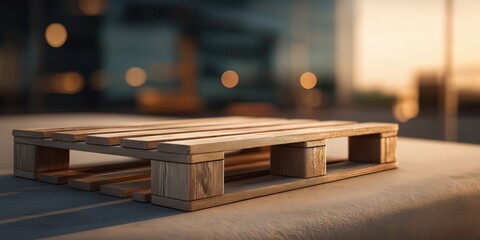 Obraz premium Wooden pallet sitting on a concrete surface during sunset showing a warm glow from the background.