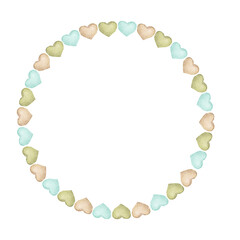 Round baby frame made of hearts in pastel colors. Watercolor wreath, backdrop for birthday card, gender party, baby shower, children's party. Greeting card, invitation in boho, and retro styles. 
