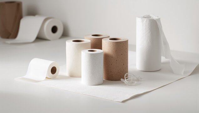 Composition featuring paper towel rolls, ideal for clean-up tasks,