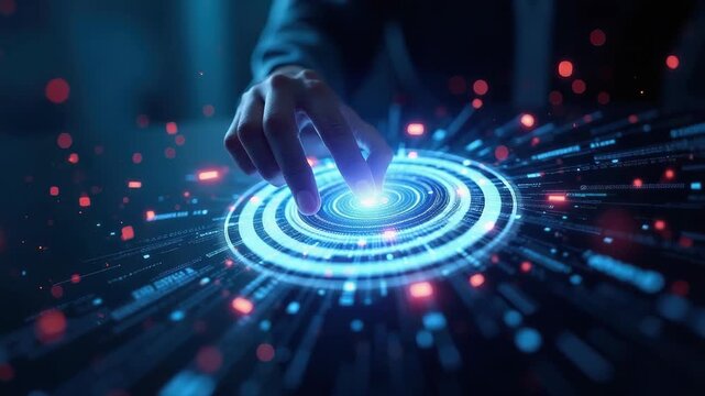 A sleek, high-tech holographic user interface with floating neon data streams, rotating 3D elements, and flickering numerical codes. 