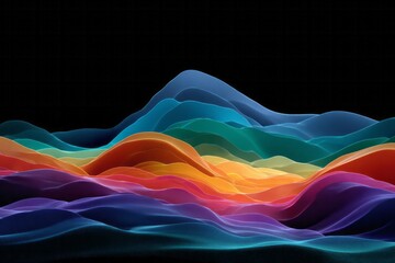 Translucent overlapping waves of rainbow colors display vibrant motion against a dark backdrop