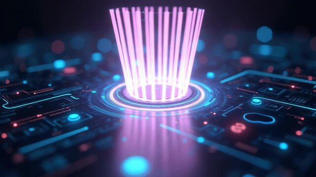 A sleek, high-tech holographic user interface with floating neon data streams, rotating 3D elements, and flickering numerical codes. 