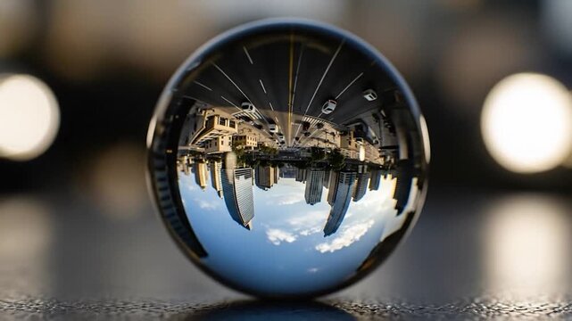 Crystal ball reflection of cityscape with buildings road and sky