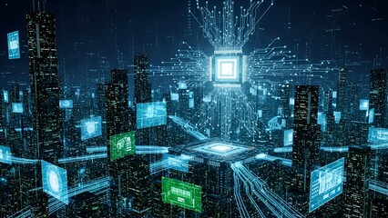 Futuristic city with digital interfaces and glowing circuits depicting data flow and network