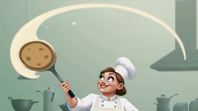 Funny female chef tossing huge pancake, pastel green background, cartoon 3d vector illustration, humorous cooking concept, copy space
