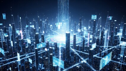 Futuristic cityscape, vibrant with glowing lights, emanating central energy source