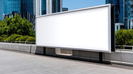 Obraz premium Empty billboard on clean white urban mockup setting with soft shadows, outdoor advertising concept, minimal style
