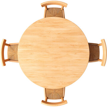 Top view of round wooden dining table with four chairs isolated on transparent background, symbolizing interior design and modern lifestyle.