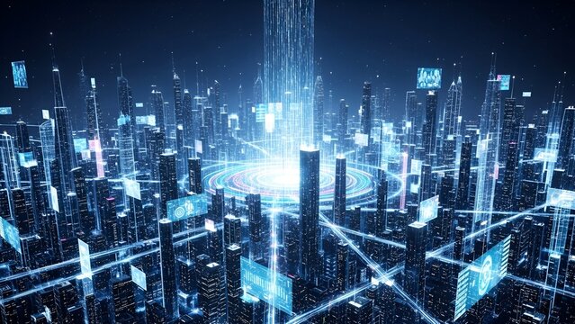 Futuristic cityscape, vibrant with glowing lights, emanating central energy source