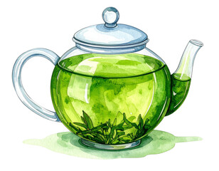 ガラスのティーポットとグリーンティーの水彩イラスト