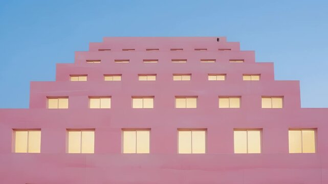 Minimalist pink tiered building against blue sky. Modern architecture, abstract geometry, warm glowing windows. Striking, vibrant design.