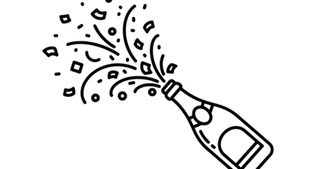 Champagne bottle popping with confetti on transparent background