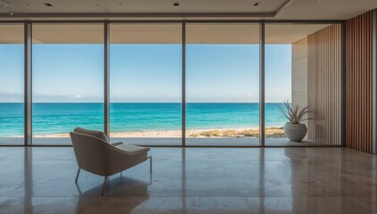 Fototapeta premium Armchair in a large modern living room with a concrete floor, emphasizing relaxation and spaciousness