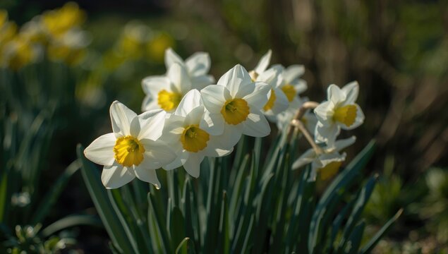 Close-up of white daffodil blossoms, ornamental paperwhite flowers in full bloom during spring