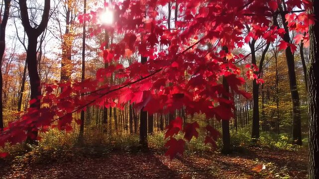 Vibrant red maple leaves in autumn forest bathed in sunlight. Foliage contrasts with darker tree trunks