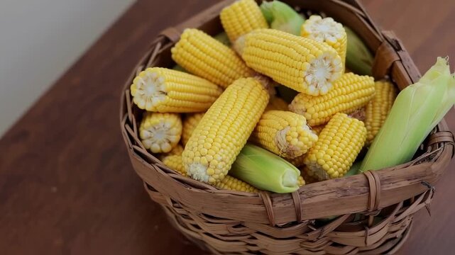 A woven basket brimming with freshly harvested yellow corn on the cob, some with green husks