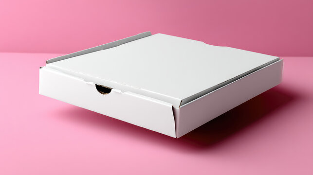 White pizza delivery box closed, clean background, takeaway branding mockup, soft gradient shadow
