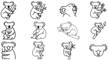 Obraz premium A collection of twelve minimalist black and white line art illustrations of cute Koalas in various poses.