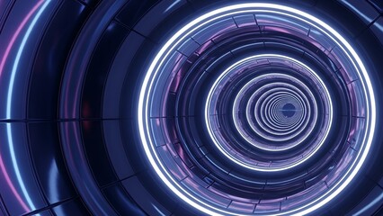 Futuristic circular tunnel with illuminated neon rings of pink, white, and blue hues
