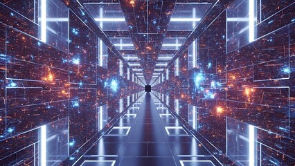 Futuristic, geometric tunnel with glowing lights, creating an abstract and digital-looking perspective