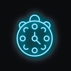 Blue neon clock glowing on black background representing concept of time