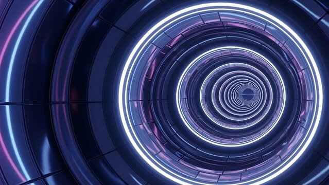 Futuristic circular tunnel with illuminated neon rings of pink, white, and blue hues